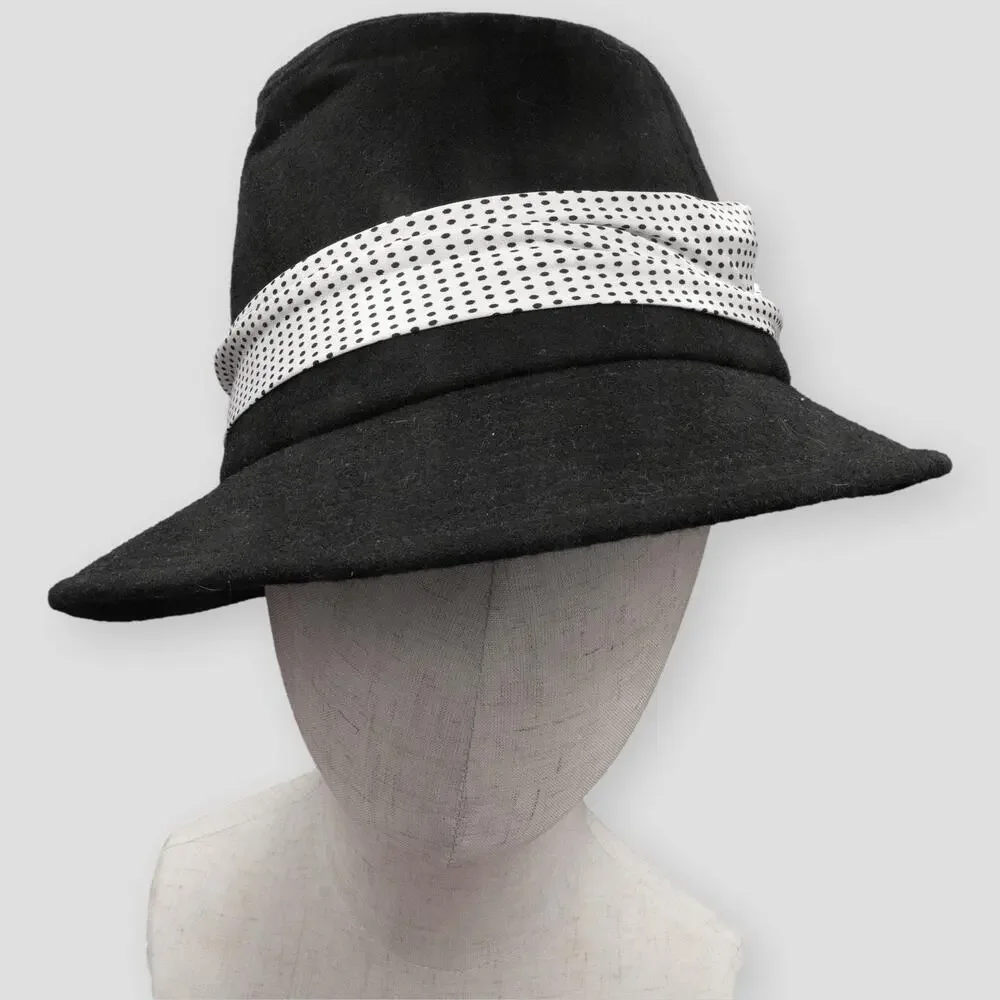 Black Felt Women Sun Hat White Polka Dot Hat Band
